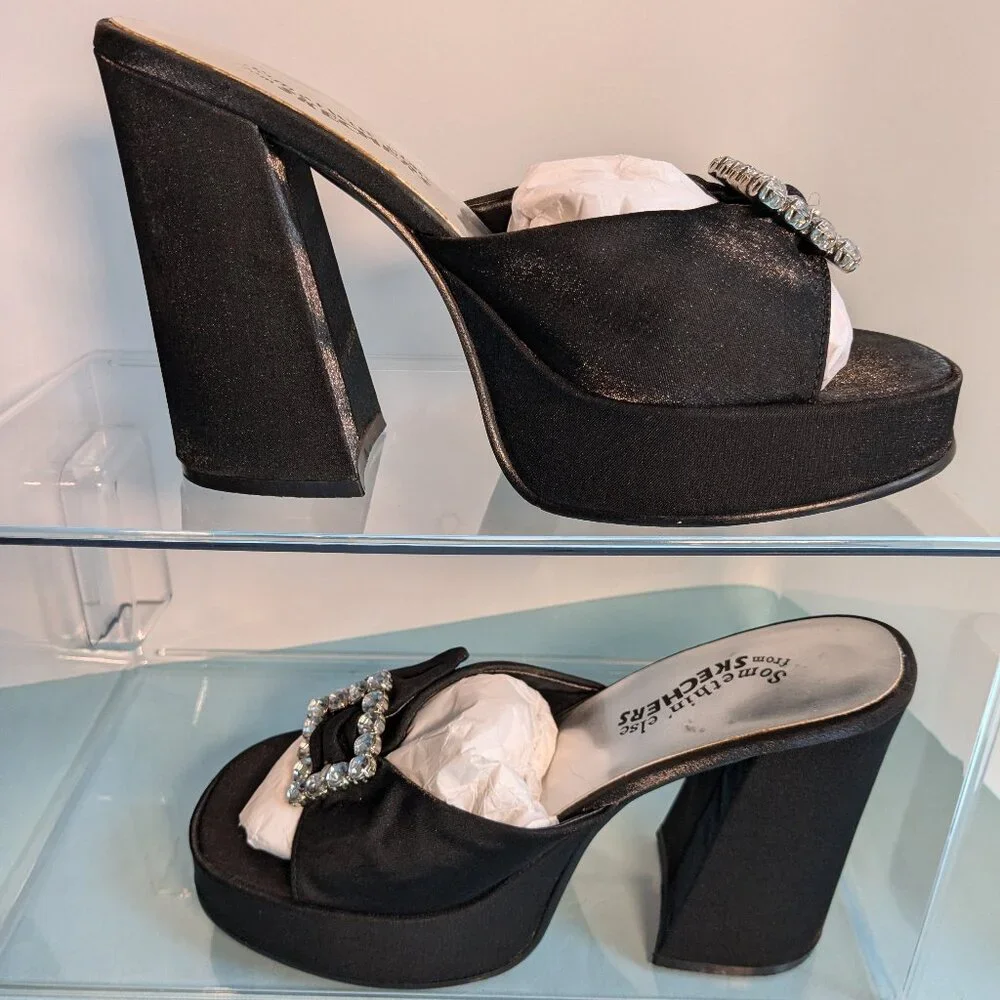 Vintage Chunky Heel Shimmer Black Platform Skechers Rhinestone Buckle Heels - Picture 5 of 16